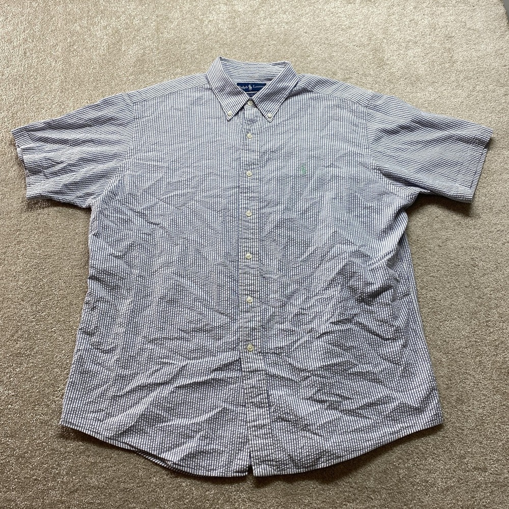 Ralph Lauren Button Down Mens XL Blue Seersucker Striped Short Sleeve Shirt
